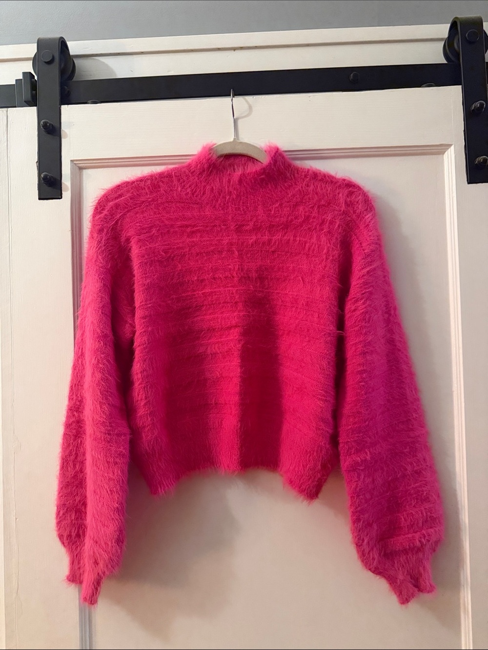 Cropped Fuzzy Turtleneck Sweater - Bright Hot Pink